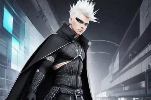 Prompt: JAXER KAZE : Hyper Detailed,  ultra realistic, white hair mohawk male in black tactical tech uniform poncho coat,  IN UNDERGROUND DAZZLING CRYSTAL CITY , superhero cape