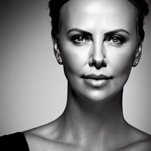 Prompt: photo realistic portrait of {Charlize Theron}, centered in frame, facing camera, symmetrical face, ideal human, 85mm lens,f8, photography, ultra details, natural light, light background, photo, Studio lighting