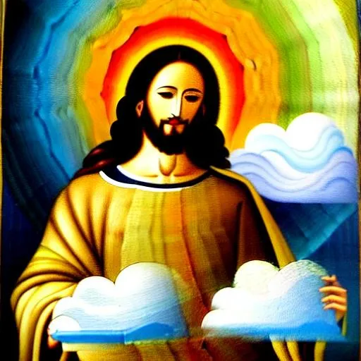 Prompt: traditional painting of jesus sitting on the clouds with the earth in her hands