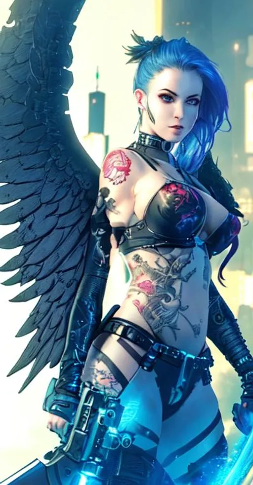 Prompt: Beautiful cyberpunk female with tattoos, apocalyptic, swords, guns, fire, anatomical, dark, gothic, mech, angel wings, battle backgrounds 