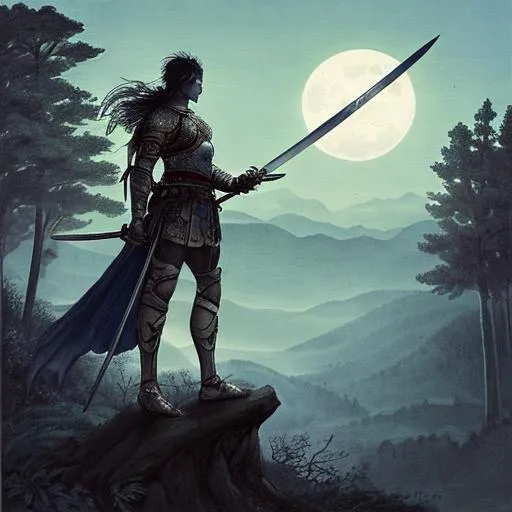 Prompt: Warrior holding a sword facing the moonlight on a hill with forest in the background and various creatures