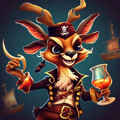 Prompt: Create a playful illustration of evil 
Bambi as a pirate, on board of a ship look dancing and
holding a bottle of rum
