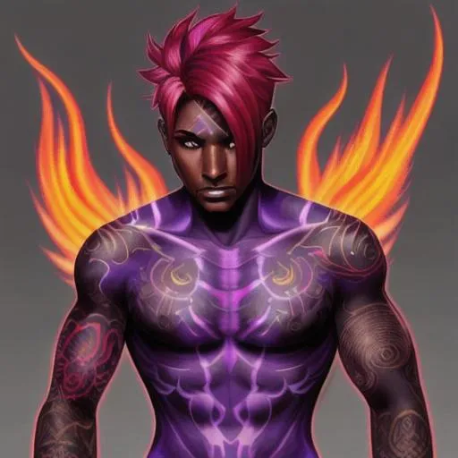 Prompt: Male fire genasi with dark skin, long purple to red ombre hair, fire tattoos