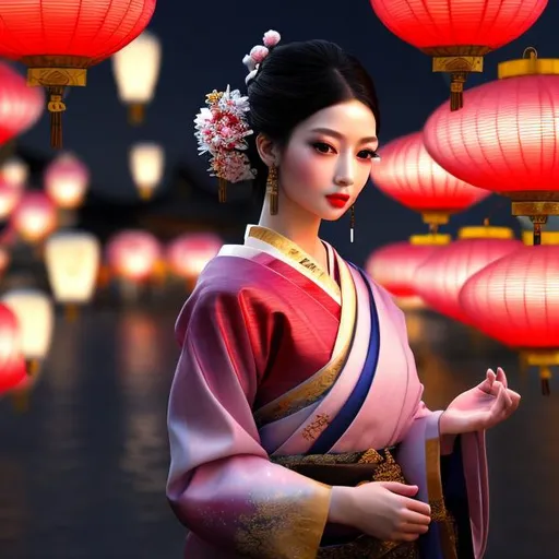 Prompt: HD 4k 3D professional modeling photo hyper realistic beautiful enchanting japanese geisha woman dark hair pale skin dark eyes gorgeous face traditional pink dress and jewelry magical buddhist temple at night landscape lanterns hd background ethereal mystical mysterious beauty full body