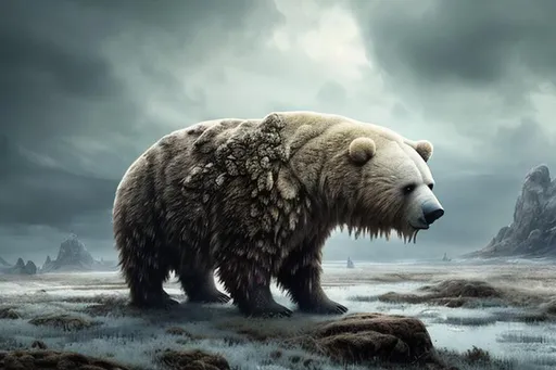 Prompt: iceage landscape with an icebear walking, heavily clouded sky, intricately detailed, atmospheric, dramatic photorealistic art