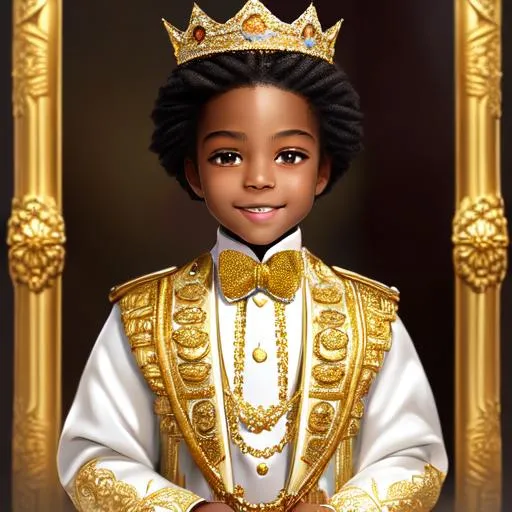 Prompt:  An intricately detailed Oil Painting of A 6 year old African American very handsome young Prince wearing an impressive gold and diamond crown. Dressed in white and gold highly ornate formal royal clothing, looking quite regal and like a little gentleman with a very pretty smile. Epic perspective. Digital art. Masterpiece quality. Fantasy art. Hyper detailed. 