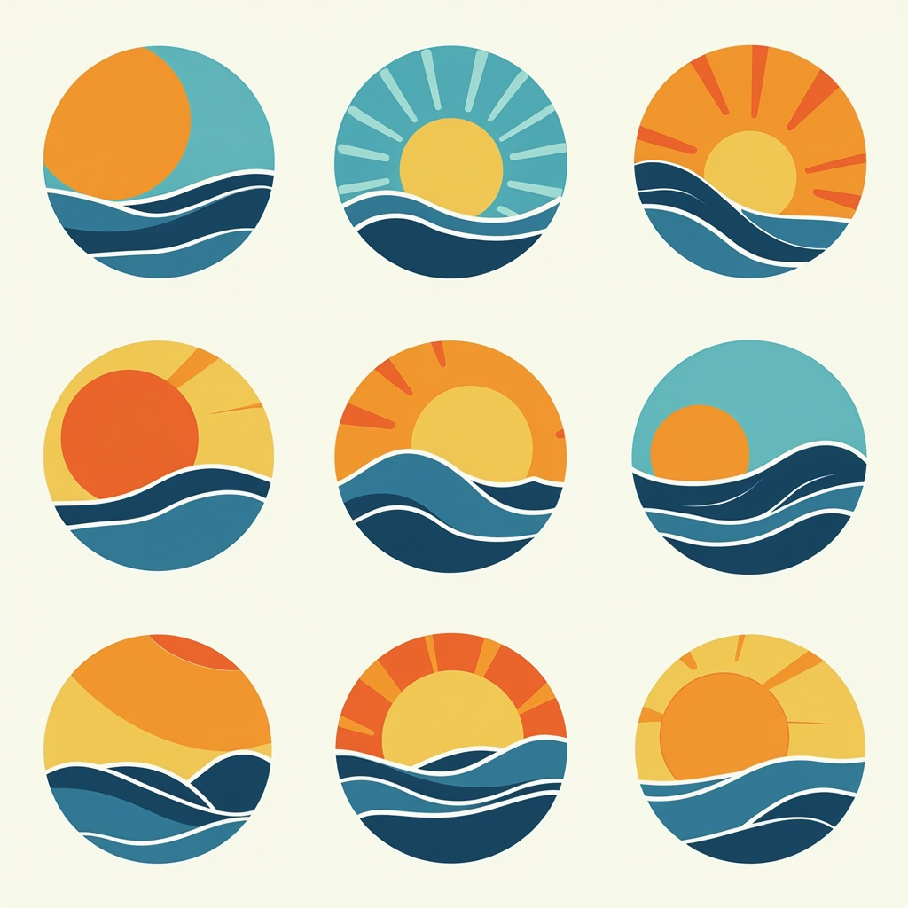 Clipart pack of six 70s sunset shapes in blue/gold, SVG