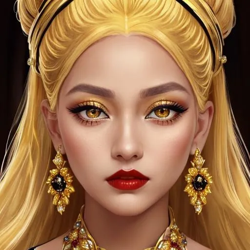 Prompt: Queen bee-A beautiful woman with golden hair arrainged in a top knot behind a gold tiara. Amber colored eyes,  dark red lips, gown in colors of yellow and black, facial closeup
