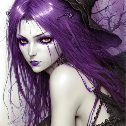 Prompt: Witch, purple hair and eyes. Luis Royo