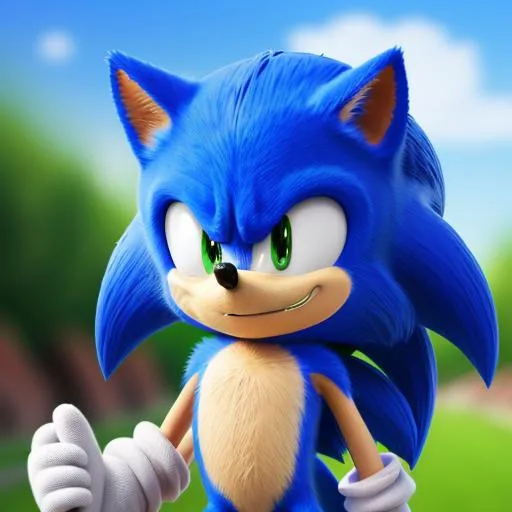 Prompt: Sonic from Sonic the Hedgehog, happy look, 4k, UHD, HDR, f/1.8, close up of front-face, Green Hill Zone background