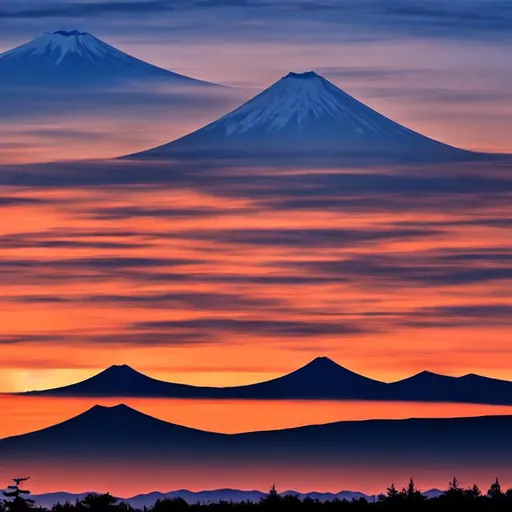 Prompt: silhouette landscape with  silhouette mount fuji; silhouette jinja; multiple layers of silhouette {mountains}; sharp edges sunset background; sharp edges lake foreground