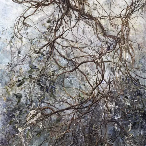 Prompt: Densely tangled branches evocative, highly detailed,  Symbolism, Ornamental, silver background, Claire Basler, Laurence-Amèlie