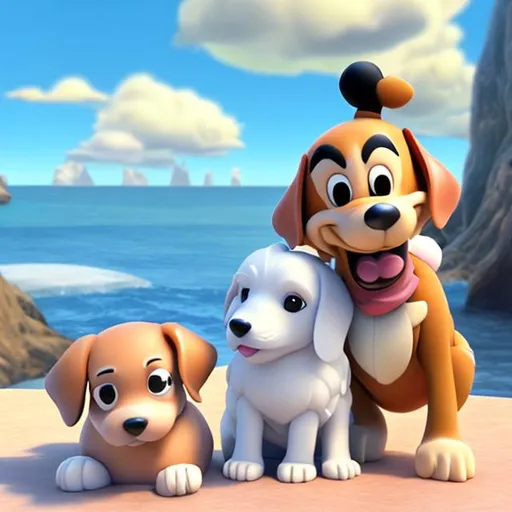 Prompt: A dog with puppy,disney cartoon 3d style,high quality,sea in background