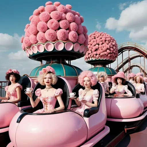 Prompt: women dressed like flowers and drinking out of ornate teacups, surrealism, riding a roller coaster, carnival, pink poodles
