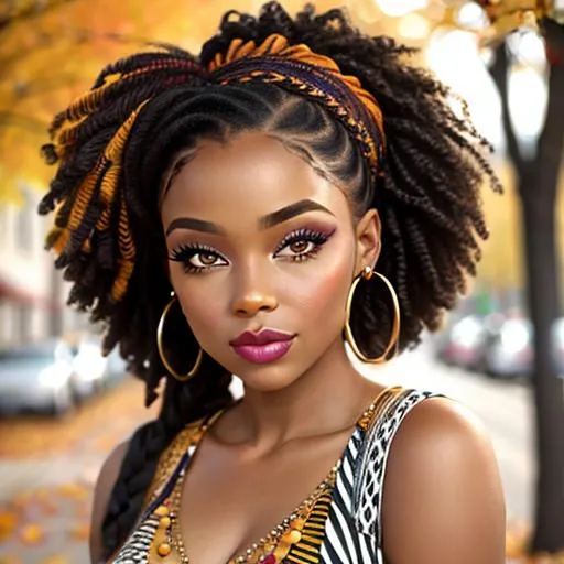 Prompt: African american girl, Pretty makeup and stylish hair, autumn colors, facial closeup 