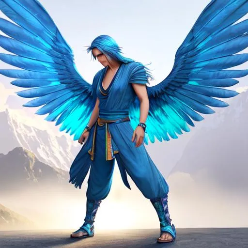 Prompt:  Vegito, Aasimar, big wing, 8k, full Hd, realistic, monk aesthetic, radiance, wings, Cyberpunk, uhd, 14k, dragon ball z, blue hair, yellow hair, fusion