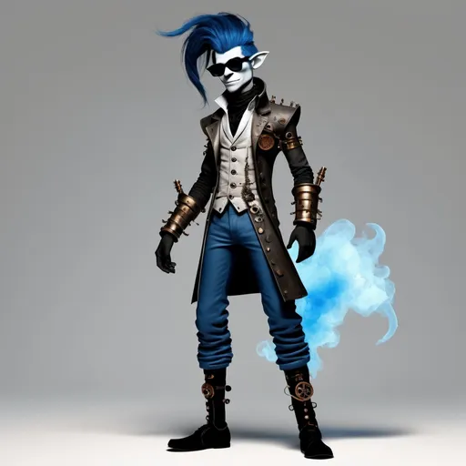 Prompt: Homestuck troll. Horuss Zahhak. Fullbody view, plain background. Met gala, high quality render. High fashion. gray skin.  Steam punk, black ponytail, blue accents