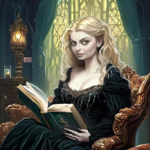 Prompt: oil painting, Morena Baccarin and phoebe tonkins, playful mischief expression, mansion interior architecture by Thomas Kinkade, , Witch in comfortable chair in the style of Cris Ortega, beautiful witch with piercing clearly visible eyes, neutral nail polish with 5 fingers hand holding book, beautiful witch in dark green gothic gown, sitting in a victorian-styled living room with windows to her garden, she sits in a comfortable chair studying a thick magic book intently, witch has prominent eyes, she has fair skin and blonde hair, her eyes are green and visible, the white in the eye is visible, green pupils, face inspired by Nicole Kidman, Phoebe Tonkins, Jennifer Aniston, Morena Baccarin