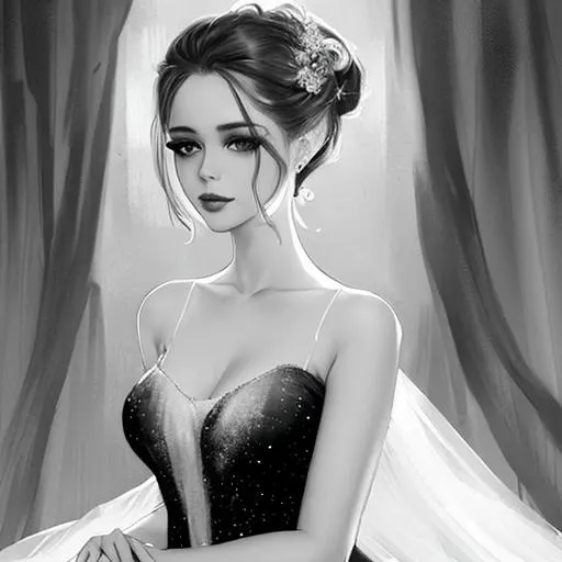Prompt: beautiful nymph, pale hair up do, speckled black and white long dress, style of Vladimir Volegov