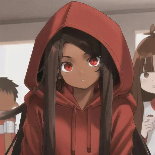 Prompt: light brown skin, red hoodie, long black hair, dark brown eyes