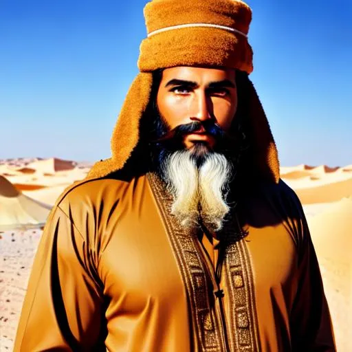 Prompt: A tall tan man wearing ancient primitive hebrew fur clothes in a arab desert with a primitive tent. short hair, green eyes, long beard.