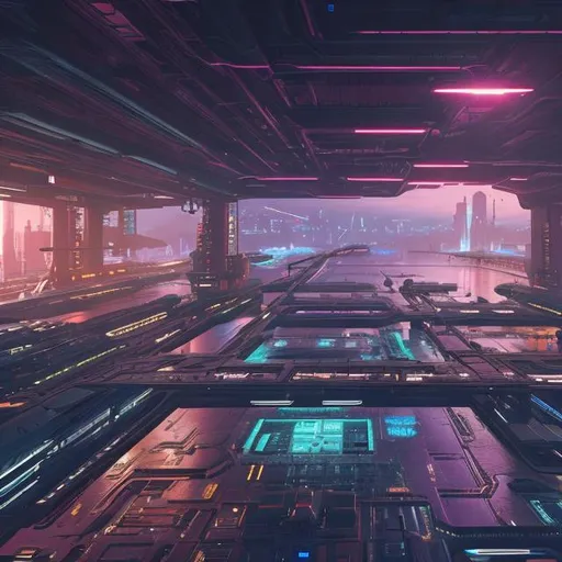 Prompt: cyberpunk cargo port with large ships and people working in rain