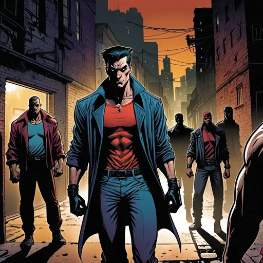 Prompt: (dramatic graphic novel illustration), dark alley at night, dark colors, (2D shaded retro comic book), tension-filled atmosphere, a man in vibrant spandex outfit, bold and contrasting colors in clothing, six intimidating thugs surrounding him, city skyline faintly visible in the background, moody lighting casting shadows, (highly detailed), dynamic composition capturing the imminent confrontation.