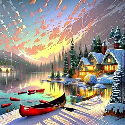 Prompt: A snowy lake with some houses around the shore. One canoe fliating on the lake. Watercolor in Thomas Kinkade style.