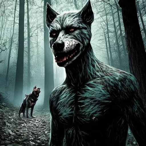 Prompt: A dogman in the deep woods.