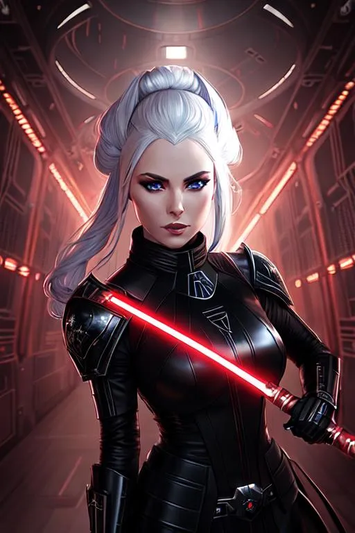 Prompt: Female Sith Lord from Star Wars, wearing black leather dress  and metal shoulder pads, in a metal corridor, metal windows looking to cosmo space, concept art, front, epic Instagram, artstation, hyperdetailed intricately detailed, unreal engine, fantastical, intricate detail, splash screen, complementary colors, fantasy concept art, 8k, deviantart masterpiece, oil painting, heavy strokes, splash arts
soft smile, happy, perfect face, perfect eyes, perfect teeth, perfect body, perfect anatomy, beautiful body, trending on instagram, trending on tiktok, trending on artstation, trending on cgsociety, white sclera, photorealistic, masterpiece, cinematic, 16k artistic photography, epic, drama, romance, glamour, beauty, cinematic lighting, dramatic lighting, insanely detailed, soft natural volumetric cinematic lighting, award-winning photography, rendering, hd, high definition, highly detailed
