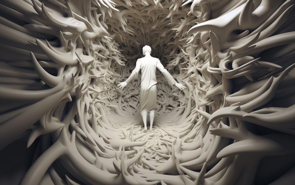 Prompt: 3d surreal swirling tunnel made of human hands trying to crab the flying angel, shaded cartoon