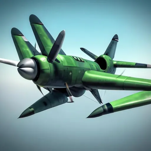 Prompt: Warplane with realistic proportions and four engines, two wings, in colour green in front of a blue sky