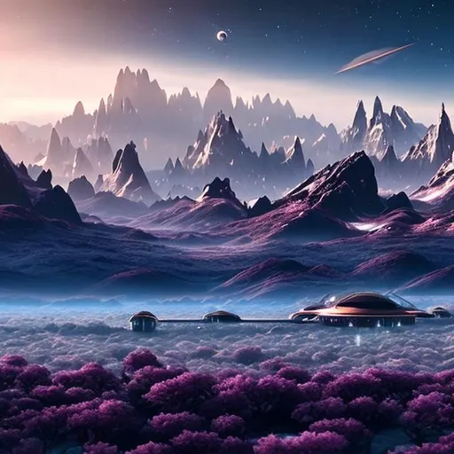 Prompt: A beautiful vista of a breathtaking, alien world, with a small town of short buildings, in the style of Star Trek.