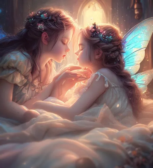 Prompt: Fairy kissed girl in her dream when she's sleeping in cozy bedroom, soft light, oil splash, dramatic effect, cinematic, magical, fae, concept art, mid shot, intricately detailed, color depth,