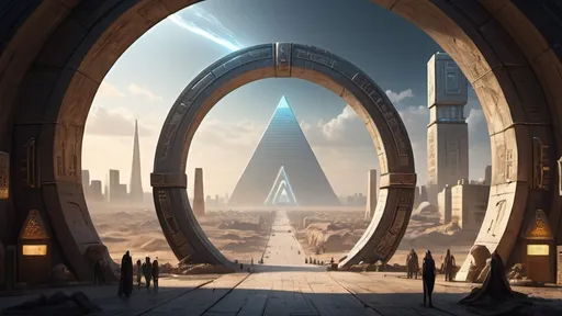 Prompt: small circular portal in the distance, gateway between cities realms worlds kingdoms, ring standing on edge, freestanding ring, hieroglyphs on ring, complete ring, obelisks, pyramids, futuristic towers, large wide-open city plaza, city vista view, futuristic cyberpunk dystopian setting