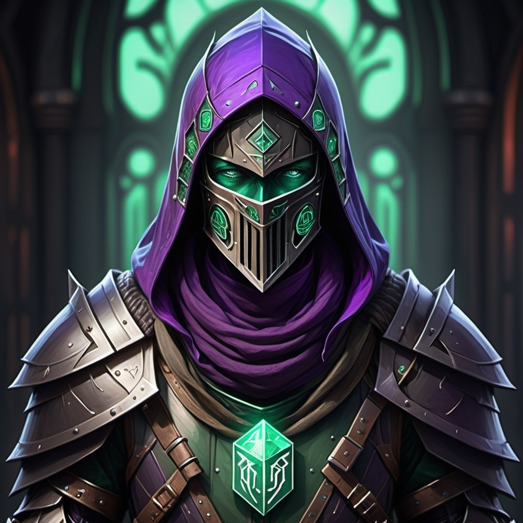 Sci-fi Knight with emerald hood with purple norse runes