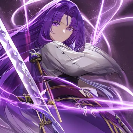 Prompt: Beautiful female, detailed eyes, has a sword emanating lightning, a young anime woman with long purple hair