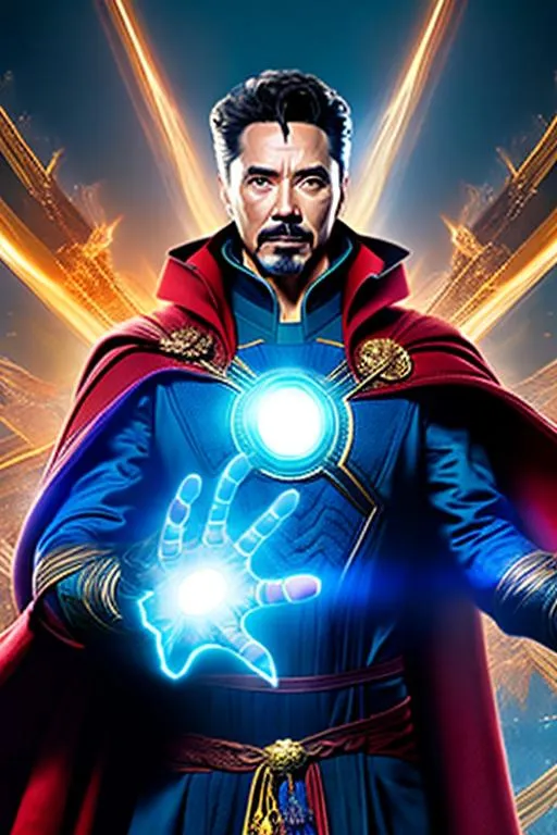 Prompt: High-resolution hyperrealistic photo of sorcerer-supreme dr strange merged with iron-man, blue and gold armour, red cape, uhd, hdr, 64k