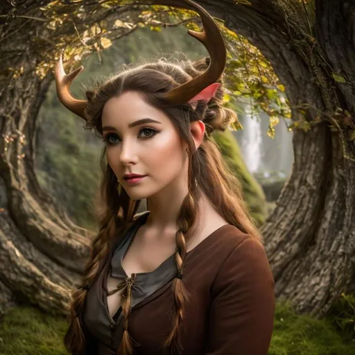 Prompt: Hobbit Woman, {{{masterpiece}}}, 4K, wide hips, a farmer's wife, full body, faun ears, motherly side plait, deer antlers, traditional anime, D&D, perfect face, High Quality, HD, cane, Viking outfit,