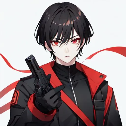 Prompt: 1male (pale) (medium black hair) (red eyes) he's holding a gun, nuclear fallout