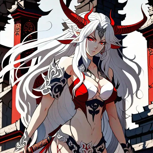 Prompt: anime style, longshot, high detail, full body, female, Oni, yokai horns, long hair, white hair, Detailed Face, intricate eyes, Red iris, Perfect anatomy, showing skin, Japanese, shadows, midriff, legs, deep cleavage, standing in a ruin,