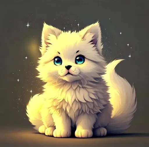 Prompt: Cute, very, very, light gray, fluffy, fantasy light puppy, with cloudy, white eyes, very, light, light, gray fur, and possessing the element of air and making circles of clouds and air move around in the air in a magical way, in a space background. Perfect features, extremely detailed, realistic. Krenz Cushart + loish +gaston bussiere +craig mullins, j. c. leyendecker +Artgerm.