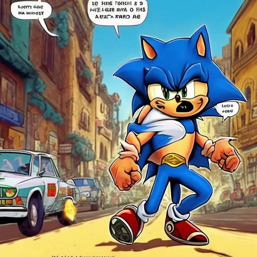 Prompt: VIVA LA PALESTINIA! Palestinia Libre! Cried the blue [with a voice bubble text]amphetamine-riddled hedge-hogster-monster as he sped through the town square[?] with no pants on. Who looked unacannily like sonic the hedgehog