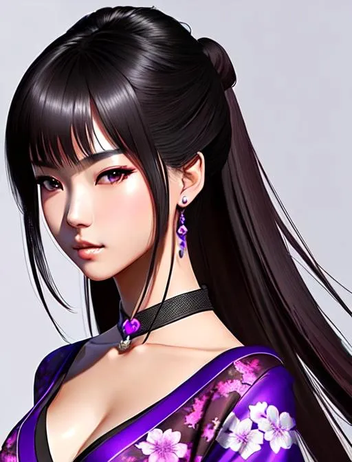 Prompt: 杨超越, 15 years old, , sleeveless, black wild hair, brown eyes, battlefield, karate stance, ethereal, purple traditional kimono from FFXIV, jewelry set,stunning, royal vibe, highly detailed, digital painting, Trending on artstation , HD quality, tan skin,artgerm,  by Ilya Kuvshinov 