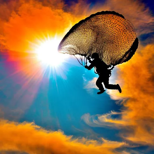 Prompt: Parachuting man flying over the sun.