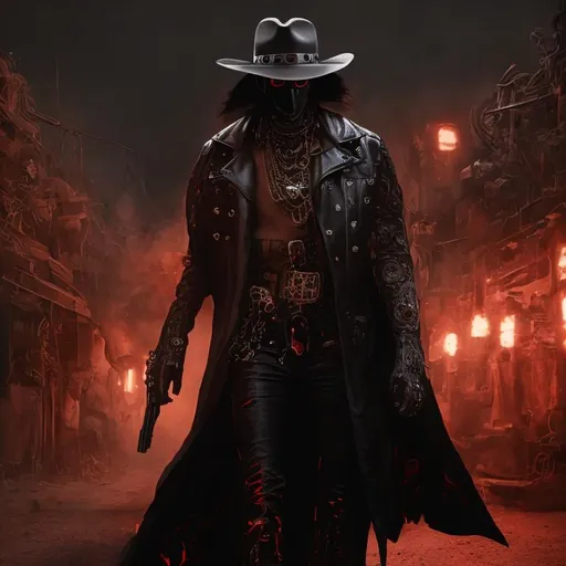 Prompt: Cyber Cowboy with 4 Arms, fiery red Poncho, Dressed in black duster and Stetson Cowboy Hat, with Red Sunglasses, Haunting Presence, Intricately Detailed, Hyperdetailed, Desert Wild West Landscape, Dusty Midnight Lighting, Wild West Feel