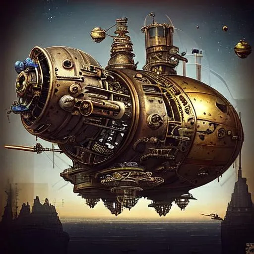 Prompt: small, steampunk  spaceship, looks like zeppelin, with a lot of gears, with big gravity rings, details made, colors rusty, brass, gold, blue, worn out, big gravity rings, big bulby glass windows, burning thrusters, very worn out, big glass windows and glass bubbles, massive thrusters, intricate details, flying in space, aggressive design, octane render, vivid colours, backround planets, stars, unreal engine 5, SLR, ray tracing, 8k UktraHD, octane render