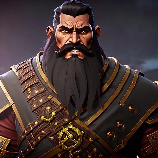 Prompt: concept portrait, cinematic shot,

a rugged male dwarf with tan skin and ultra detailed short brown mohawk hair, ultra detailed big braided beard with beard, dark eyes, big nose, 

world of warcraft armor, golden ultra detailed ornate thick heavy metal plate armor, big pauldrons,  with  ultra detailed dark green cloak, leather belts, axes and weapons behind back, 

dark smokey fire background ruins like league of legends shadow isles,

2D illustration, 2D character design, 2D flat color, 2D digital illustration, 2D vector illustration, contrast,

((sunshine, very strong sunlight on face, cinematic lighting, volumetric lighting, iridescent lighting reflection, reflection, beautiful shading, head light, back light, natural light, ray tracing, symmetrical)), (((masterpiece, professional, professional illustration,))),

UDR, HDR, 64k, beautiful, stunning, masterpiece artwork, masterpiece illustration,