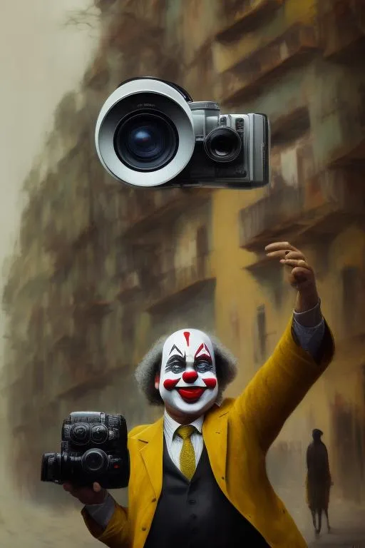 Prompt: Ugly smiling clown holding big photographic camera.  Standing on the street. Peple walking. Scarry. hyper detailed, trending on artstation, beautiful, radiant, ralph steadman, oil on canvas, beksinski, yellow and green