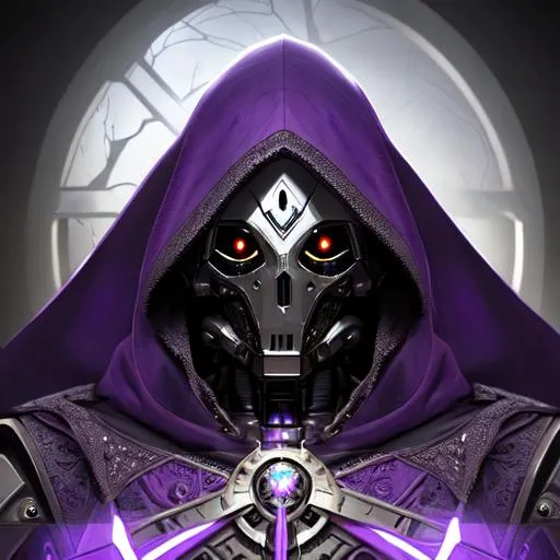 Prompt: portrait of warforged warlock with short, green eyes, black cloak , in purple maitek background, D&D setting, perfect composition, hyperrealistic, super detailed, 8k, high quality, trending art, trending on artstation, sharp focus, studio photo, intricate details, highly detailed, by greg rutkowski and alphonse mucha